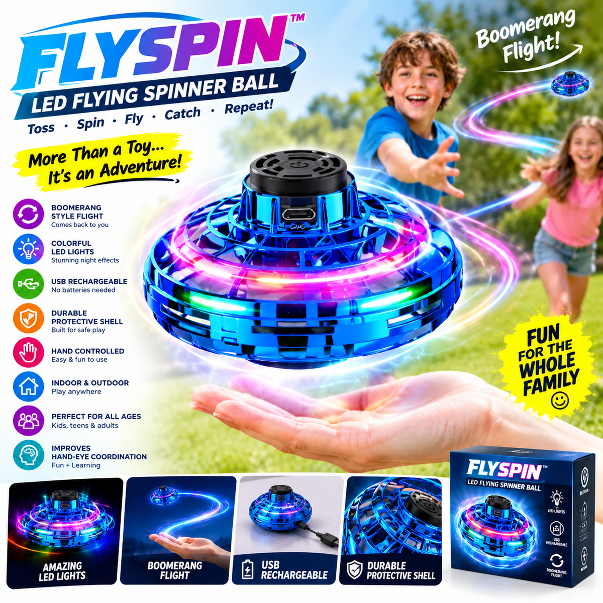 FlySpin™ LED Flying Spinner Ball – USB Rechargeable Boomerang Toy