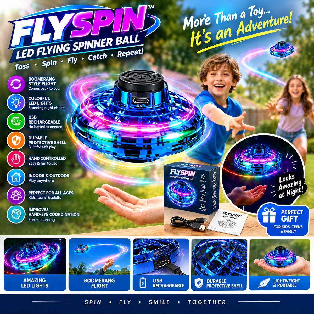 FlySpin™ LED Flying Spinner Ball – USB Rechargeable Boomerang Toy