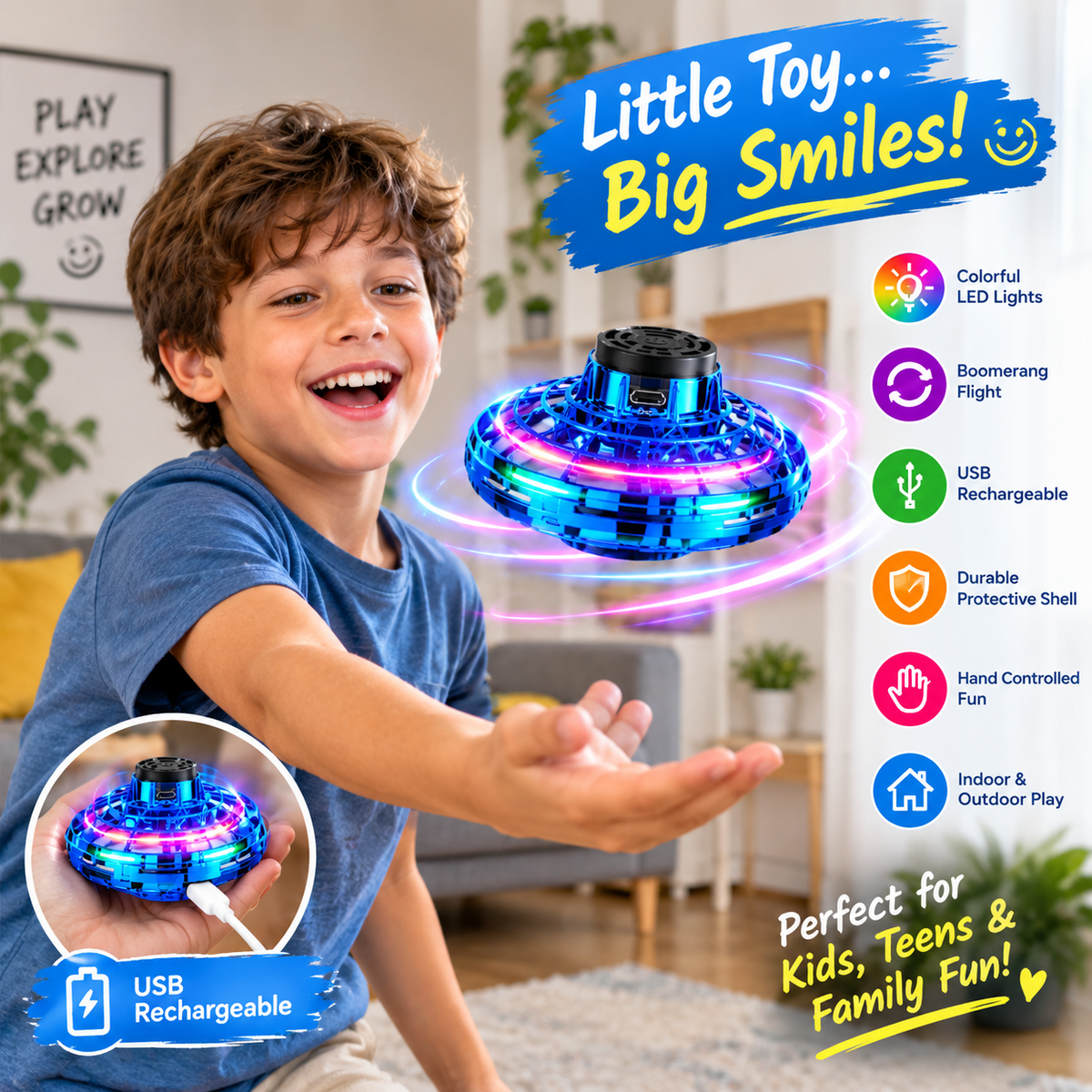FlySpin™ LED Flying Spinner Ball – USB Rechargeable Boomerang Toy