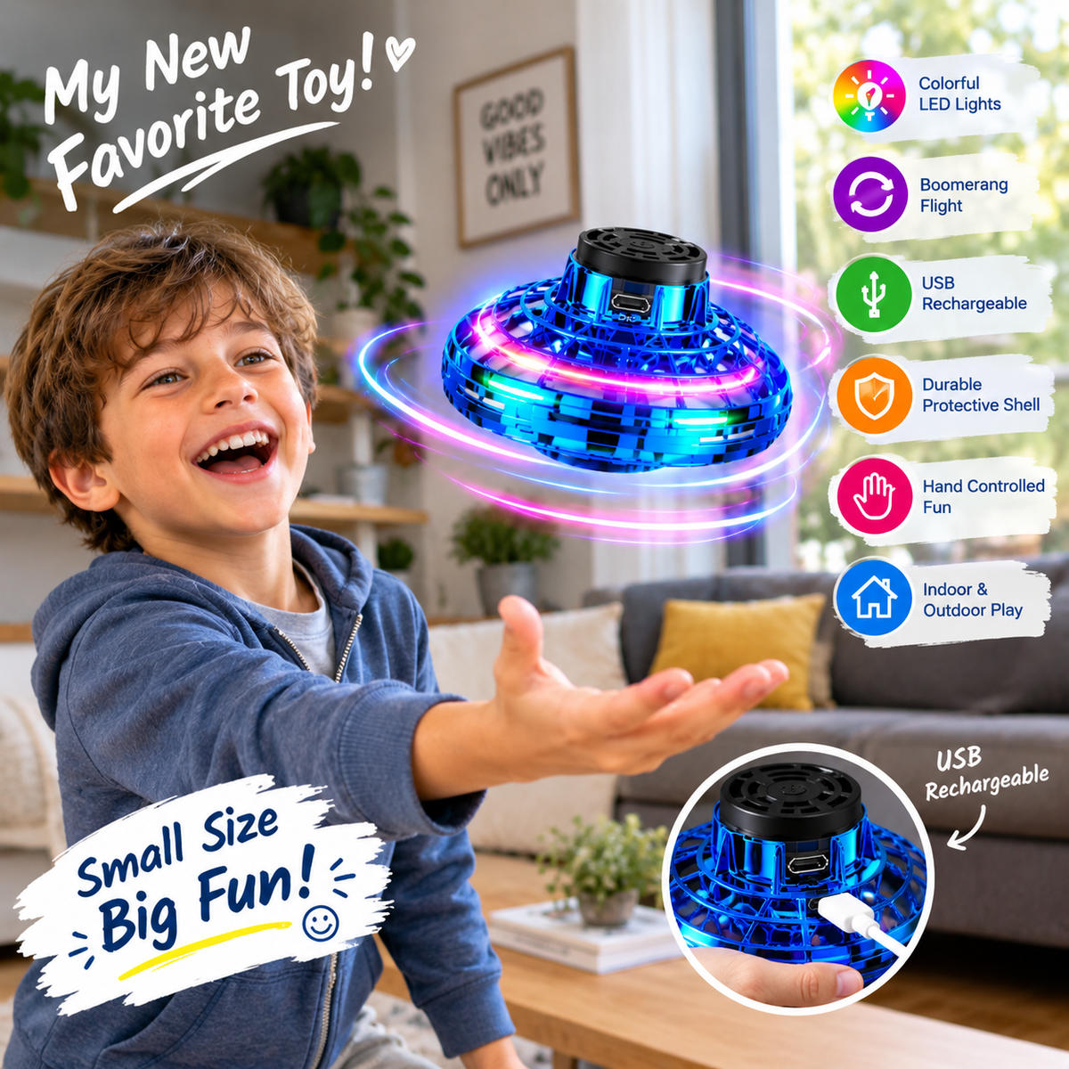 FlySpin™ LED Flying Spinner Ball – USB Rechargeable Boomerang Toy